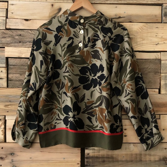 ZARA camouflage floral print long sleeve pullover top hem band oversized XS - Picture 3 of 12